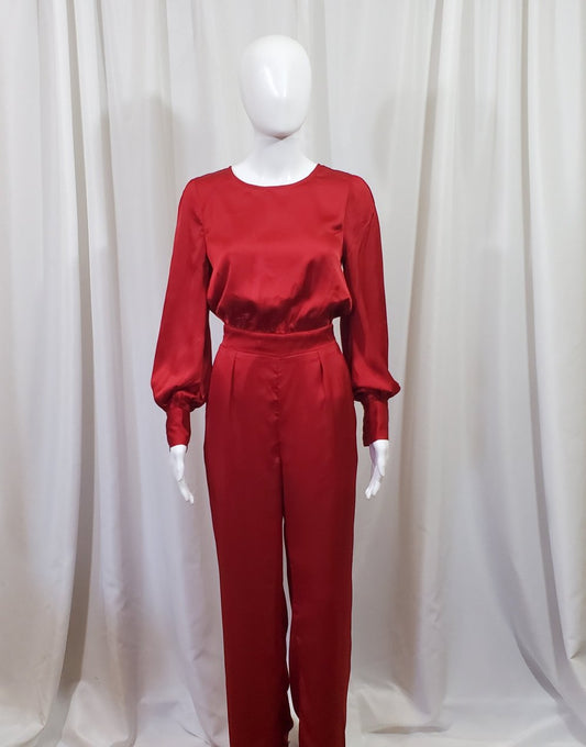 Red Long Sleeve Satin Romper