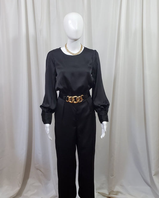 Black Long Sleeve Satin Romper