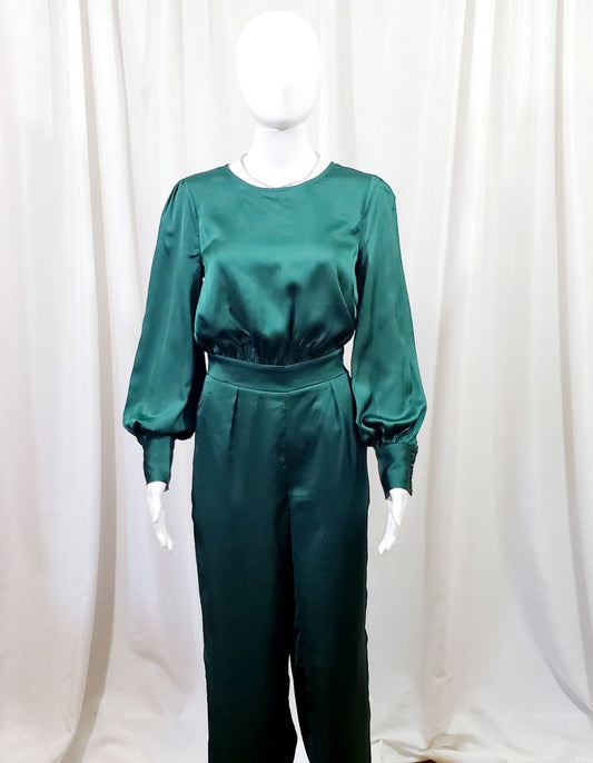 Forest Green Long Sleeve Satin Romper