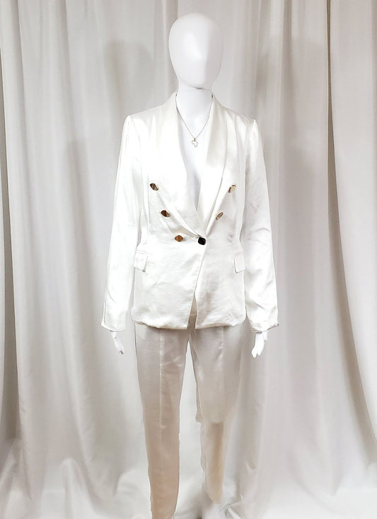 White Satin Double Breasted Pants Suit