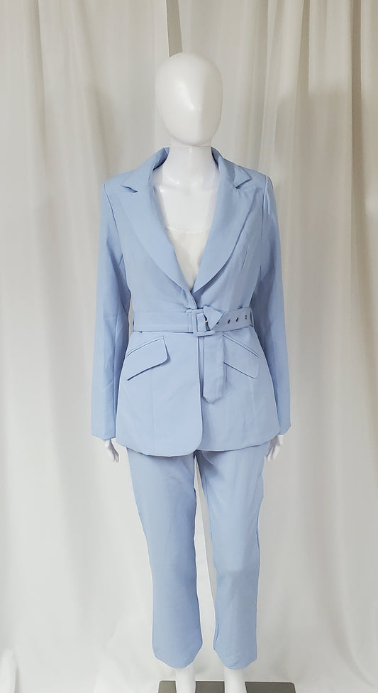 Belted Single Button Suit (Blue)